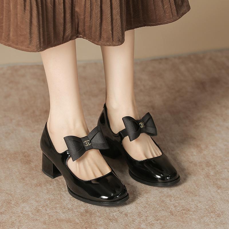 Mary Jane Shoes Women'S Spring New Fashion Women'S Shoes British Style Round Head Thick Heel Bow With Skirt Women'S Shoes
