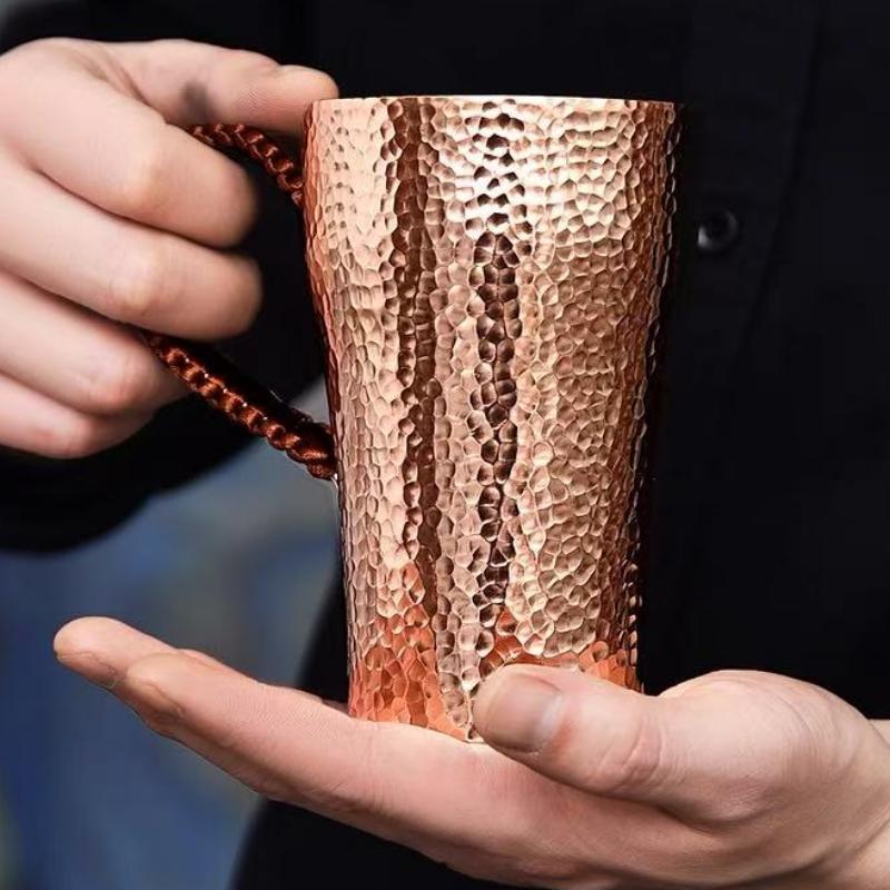 Vintage Pure Copper Coffee Cup,Handcrafted Polishing Engraving Hammer Texture Woven Handle 400 ml Beer Mug,Tea Cup Tableware