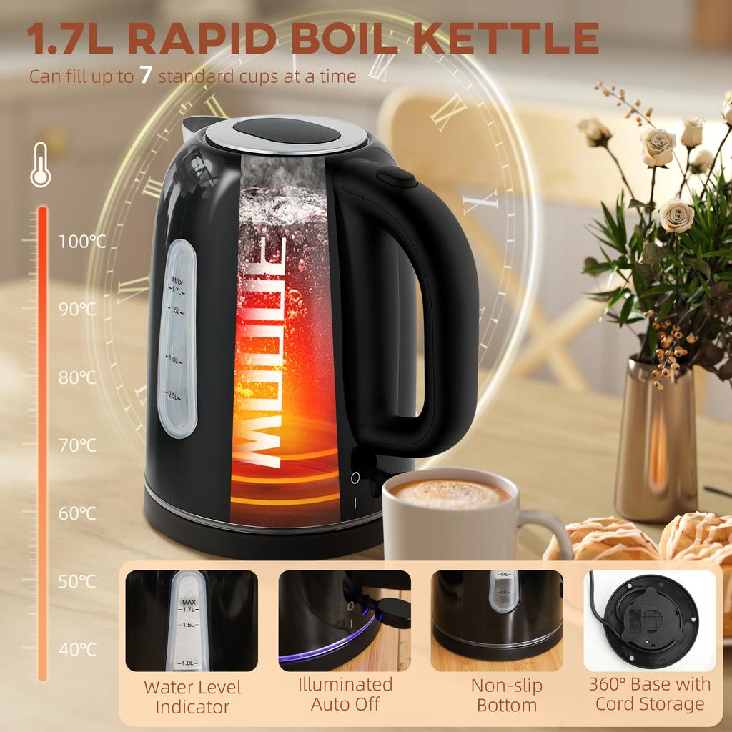 Simple Polished Toaster and Kettle Set - Black