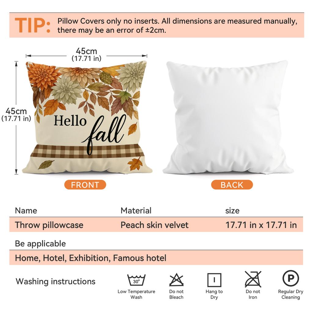 4Pcs/Set 45X45Cm Light Brown Autumn Floral Grid Pillowcase Bedroom Sofa Living Room Cushion Cover 100% Polyester Home Decor