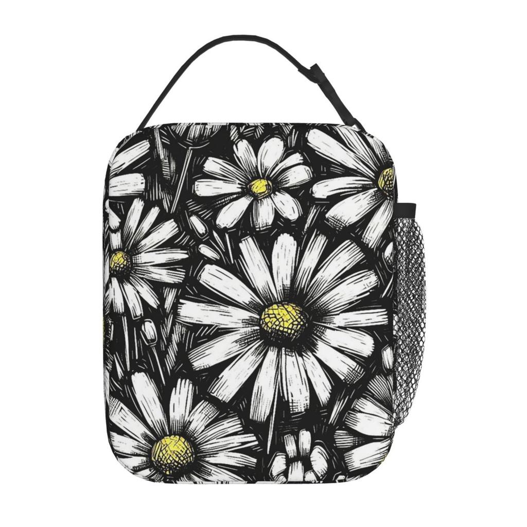 Cartoon Black And White Daisy Pattern Insulated Lunch Bag for Women Kids Portable Food Boxes Thermal Lunch Box Tote