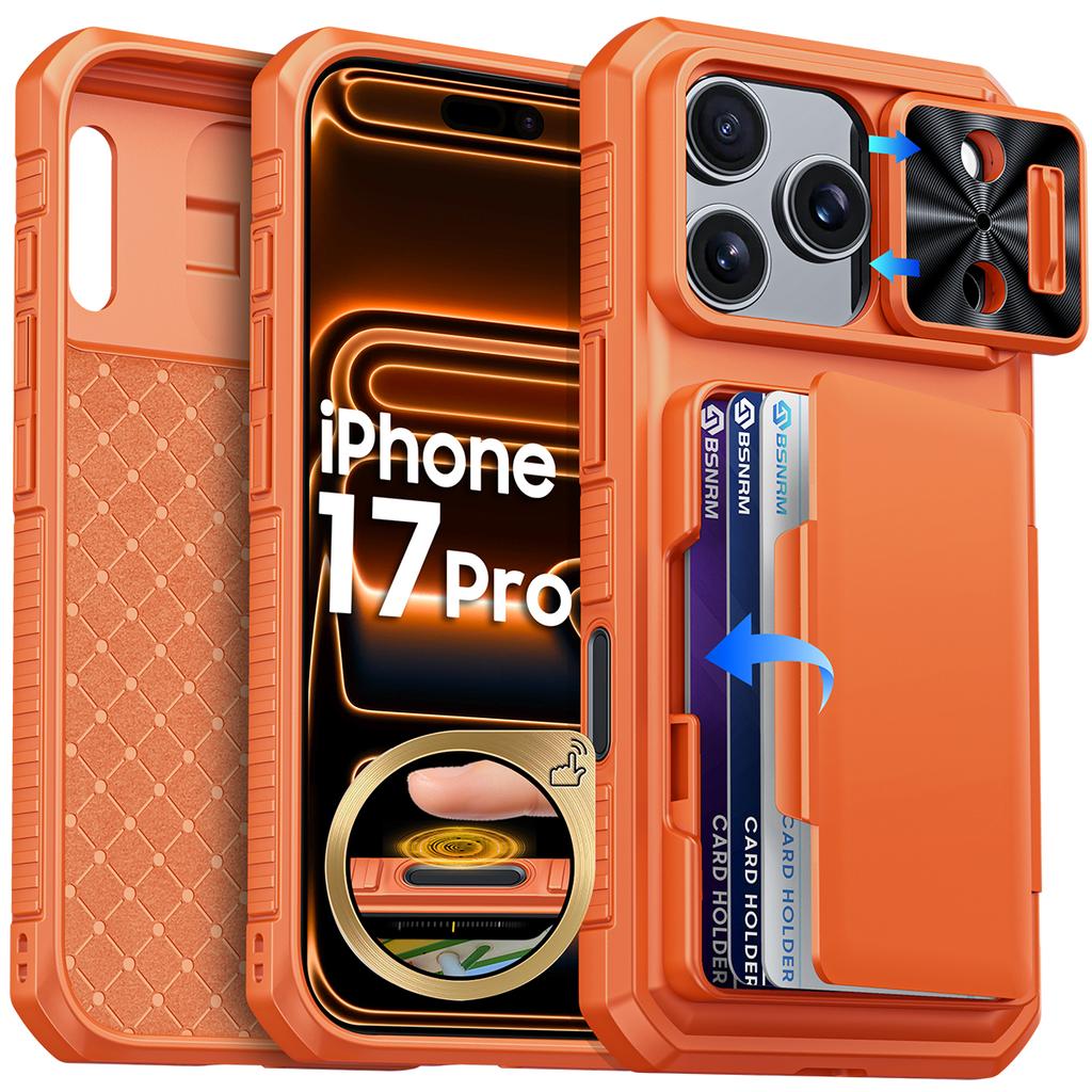 Shockproof Protective Wallet Case with Card Holder, Kickstand and Sliding Camera Cover for iPhone 17 Pro-Orange