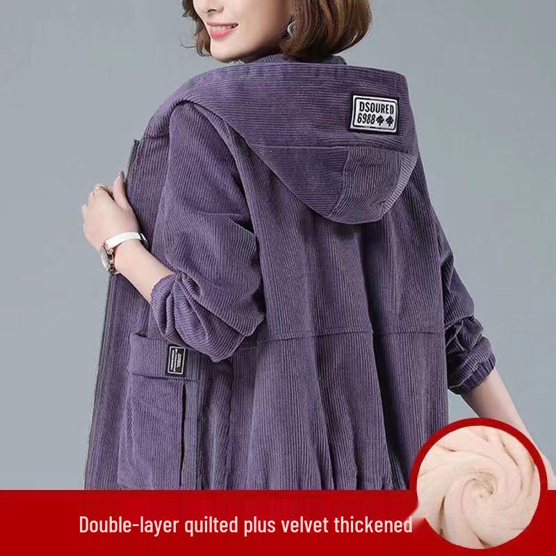 Cordjacke in Übergröße für Damen - Herbst/Winter Lockerer Schnitt, Stil für die Mitte des Lebens mit koreanischem Touch und vielseitiges Plus Samt Design