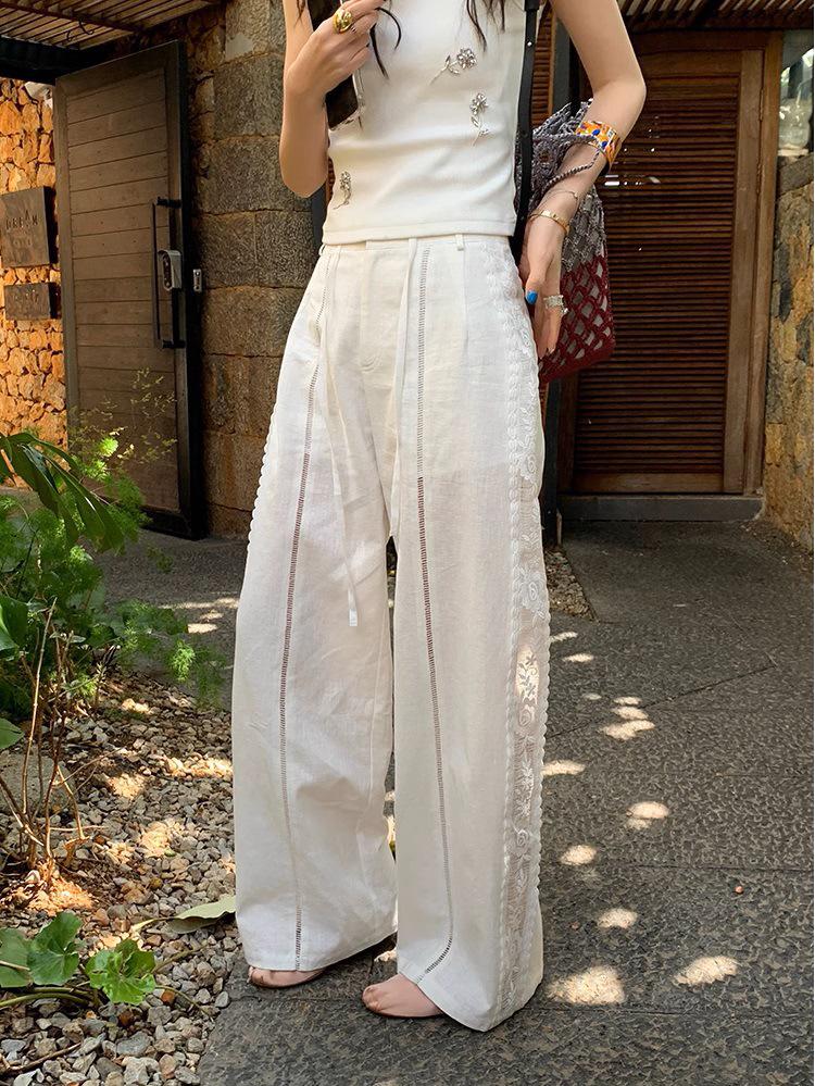 

Женские весенне-летние хлопково-льняные брюки свободного прямого кроя с кружевной вставкой L белый