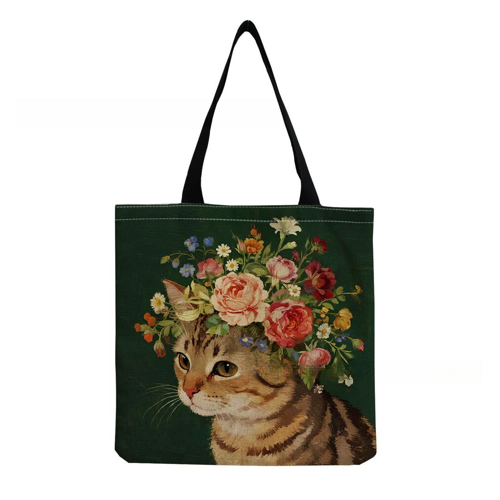 Women Vintage Linen Tote Bag - Large Capacity Cat Print Shoulder Handbag for Casual & Grocery Shopping KTB