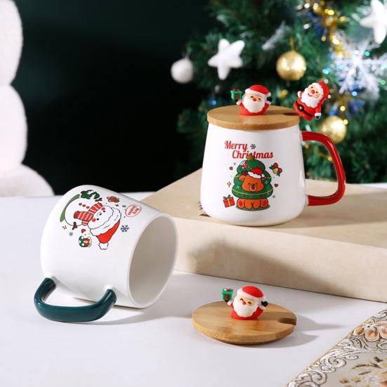 Christmas Gift Mug with Lid Spoon Santa Claus Reindeer Ceramic Cup Keeps Drinks Warm