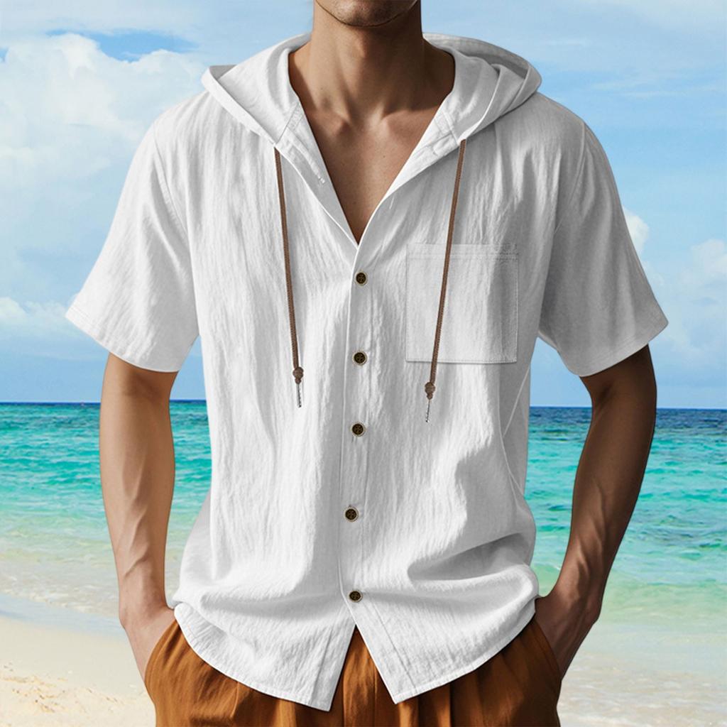 Men's Linen Quick-Dry Hoodie Shirts  Summer Casual Loose Breathable Button-Down Short Sleeve Hoodies