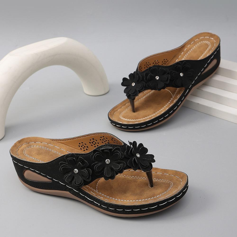 Women's Fashion Slip-On Flip Flops, Floral Decor Flat Sandals, Comfort PU Sole Casual Shoes for All Seasons