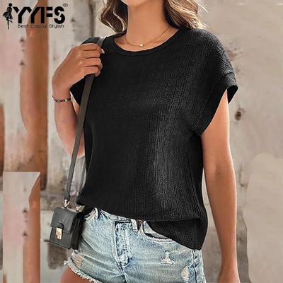 Blusas y camisas de manga corta con cuello redondo y estampado de Color sólido para mujer, informales, a la moda, verano y primavera