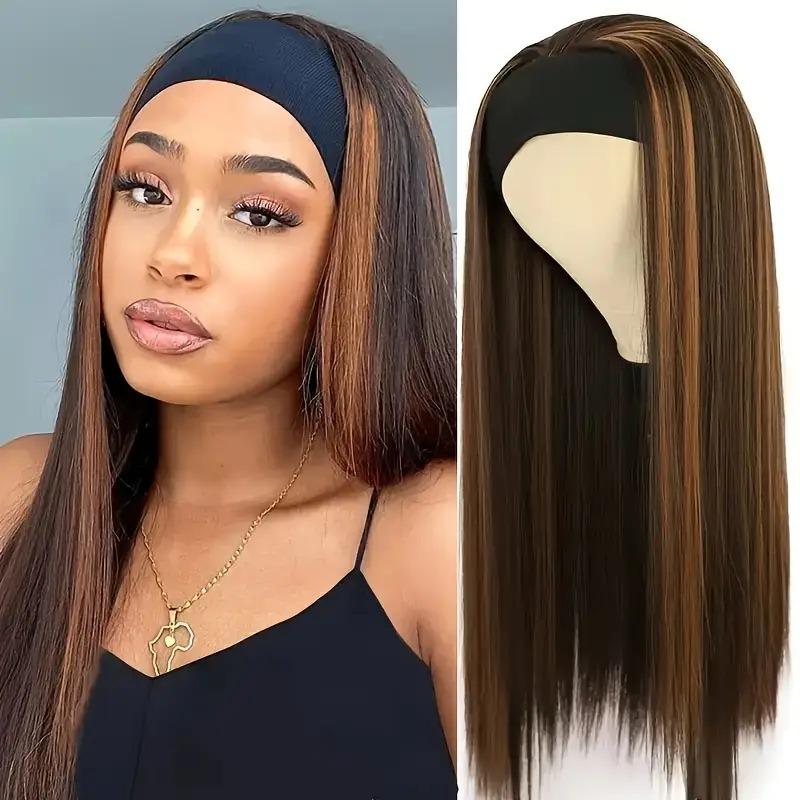 Meier Women's headscarf wig black ice silk headband long straight hair wig headwear