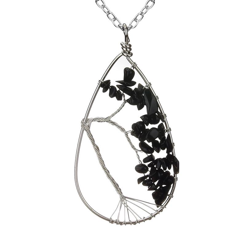 Handmade Silver Wrapped Copper Wire Crushed Stone Tree of Life Necklace, Water Drop Natural Stone Design, Bent Tree of Life Necklace N28.