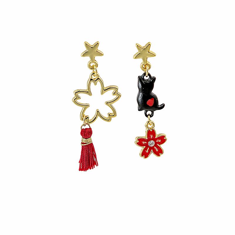 Fashion Cartoon Long Asymmetrical Color Matching Flower Cat Fox Fan Stud Earrings Childlike Playful Earrings Woman