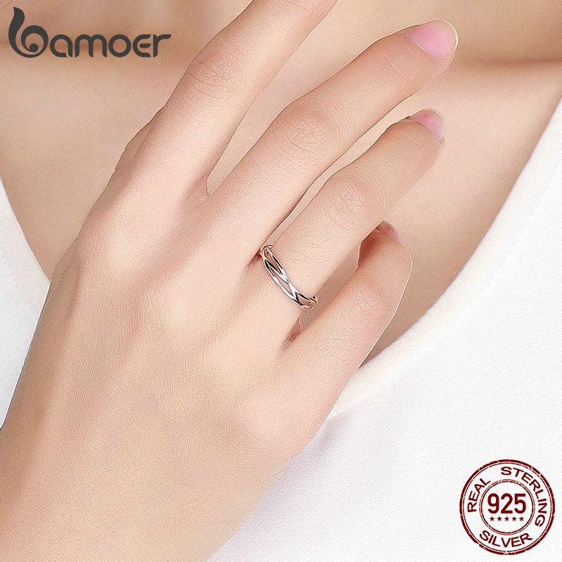 Bamoer Authentic 925 Sterling Silver Geometric Twisted Wave Open Size Finger Rings