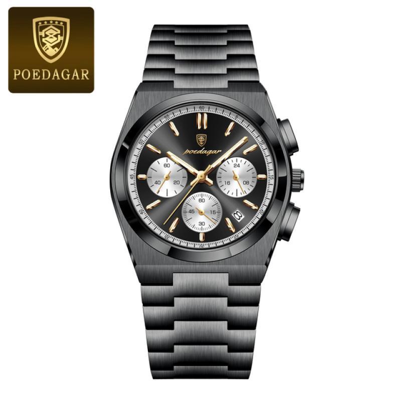 POEDAGAR Luxusní hodinky Quartz Sportovní vojenské hodinky pro muže Vodotěsné hodinky z nerezové oceli se světelným datem a chronografem