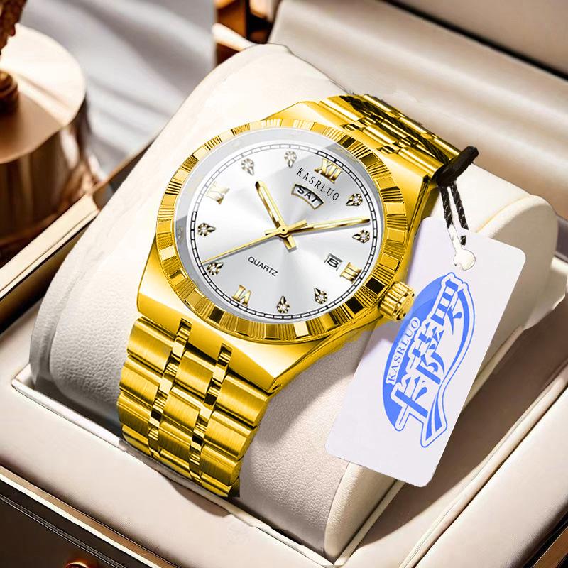 Men'S Watch Stainless Steel Waterproof Non-Mechanical Luminous Calendar Fashion Steel Belt Watch