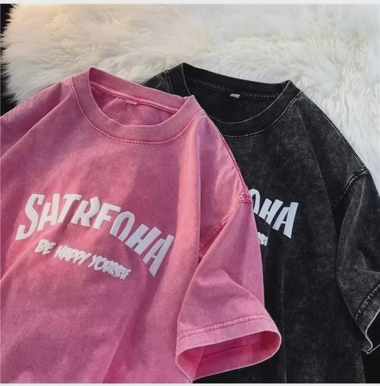 Herren-T-Shirt aus gewaschener amerikanischer Retro-Baumwolle mit kurzen Ärmeln und Rundhalsausschnitt