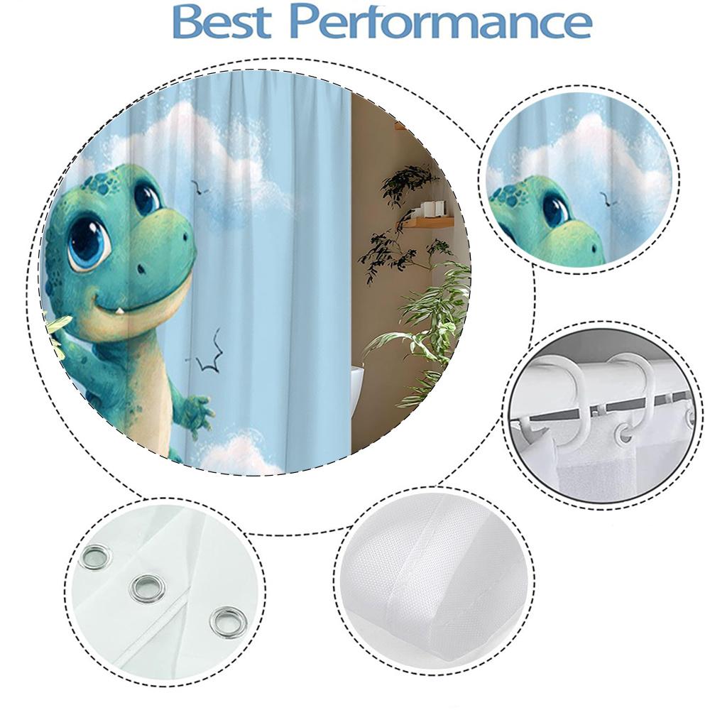 1Pc Cute Dinosaur Shower Curtain With Blue Balloon & Clouds - Turquoise Green Dinosaur & Light Blue Sky Design, Soft Polyester