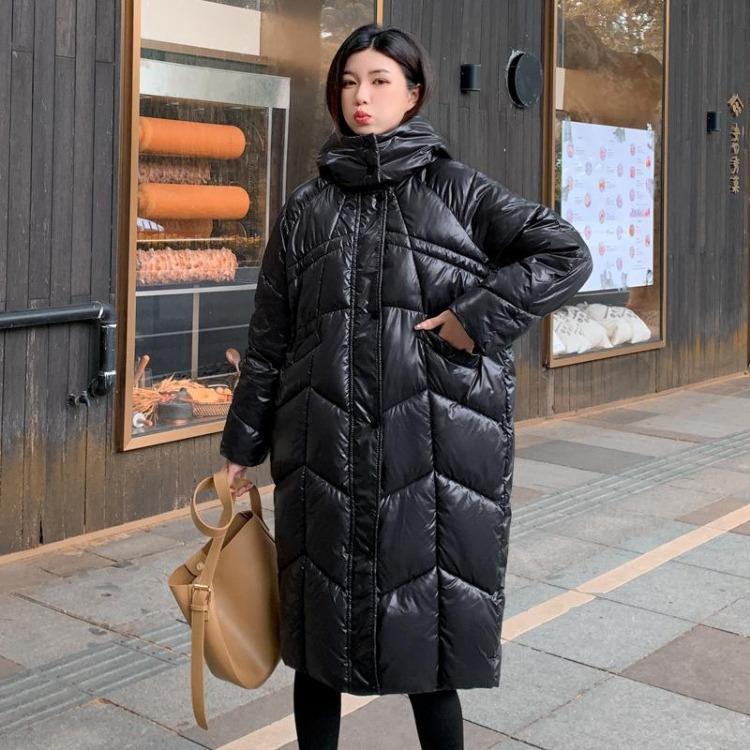 Thickened Winter Down Jacket for Women Hooded Medium Length Knee Warm Large Pockets S чёрный