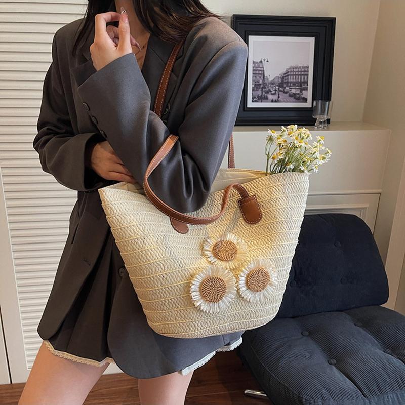 Yogodlns Damen Sommer Stroh Gewebt Große Kapazität Korb Schultertasche Handtaschen Mode Floral Dekor Luxus Designer Strand Bali Shopper Totes