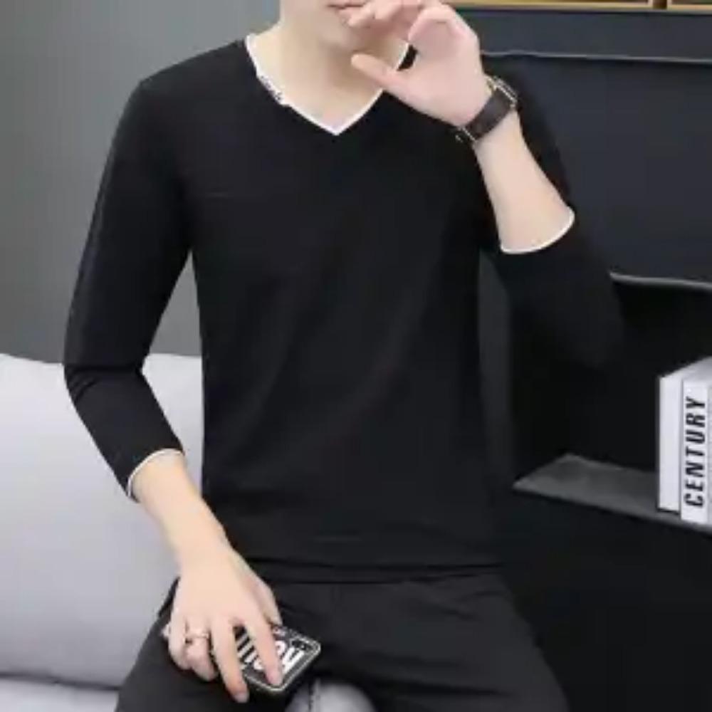 

Осенне-зимняя мода Корейская простая темпераментная футболка Мужская с длинным рукавом Хлопковая с V-образным вырезом Однотонный топ Пуловер Повседневная уличная одежда XXXL чёрный
