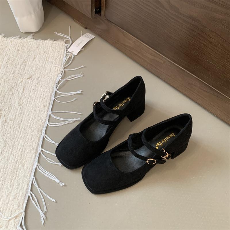 Thick heel square head Mary Jane shoes women's shoes spring and autumn 2025 new suede light mouth word with temperament versatile single shoes