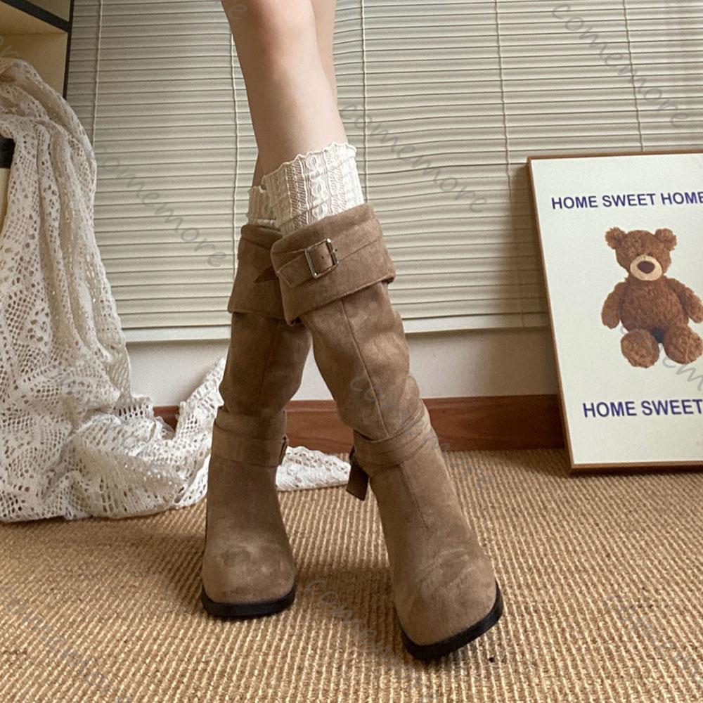 Comemore Plateforme Talon Épais Femmes Bottes Western Cowboy à Enfiler Pliées Pile Bottines Longues Chaussures Féminines Automne Hiver