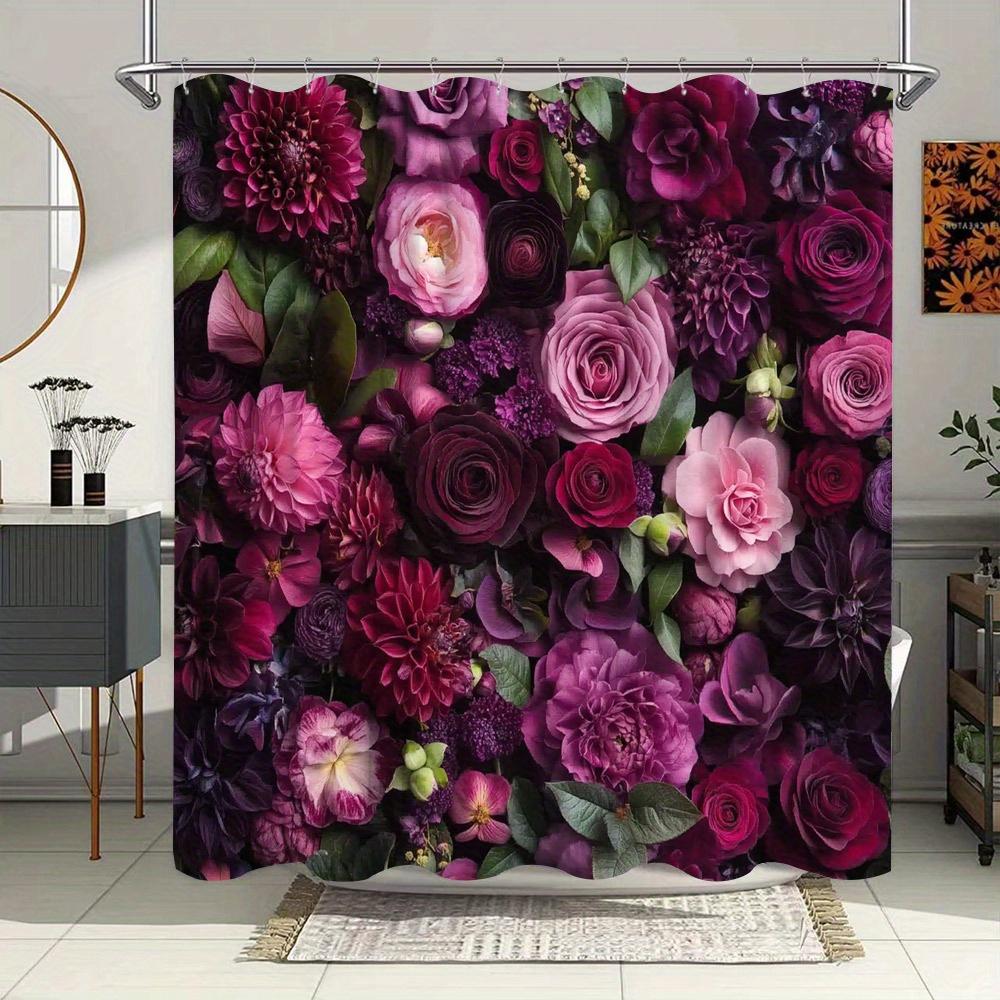 

1Pc Shower Curtain - Lush Floral Arrangement With Velvety Roses & Dahlias In Purple, Pink, Magenta Vibrant Home Accent W60H190(CM)-1 Pcs