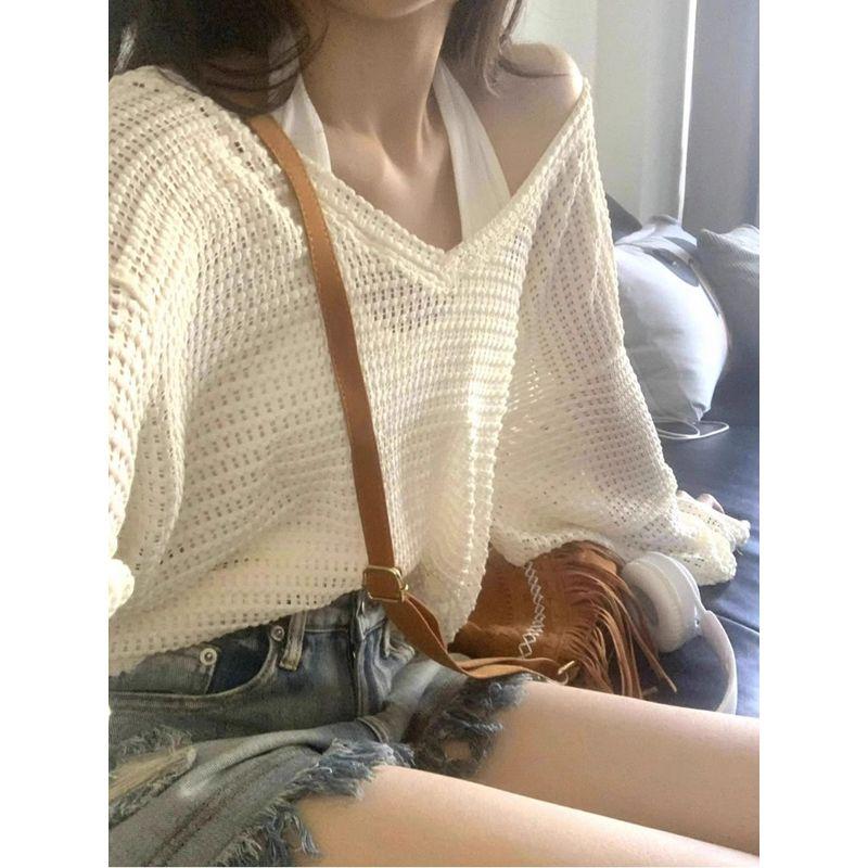 

Летний тонкий ажурный вязаный верх с длинными рукавами для женщин, свободный стиль, стильный V-образный вырез, солнцезащитная блузка + топы на бретелях Creamy-white blouse S Suggested 37.50 kg-45.00 kg