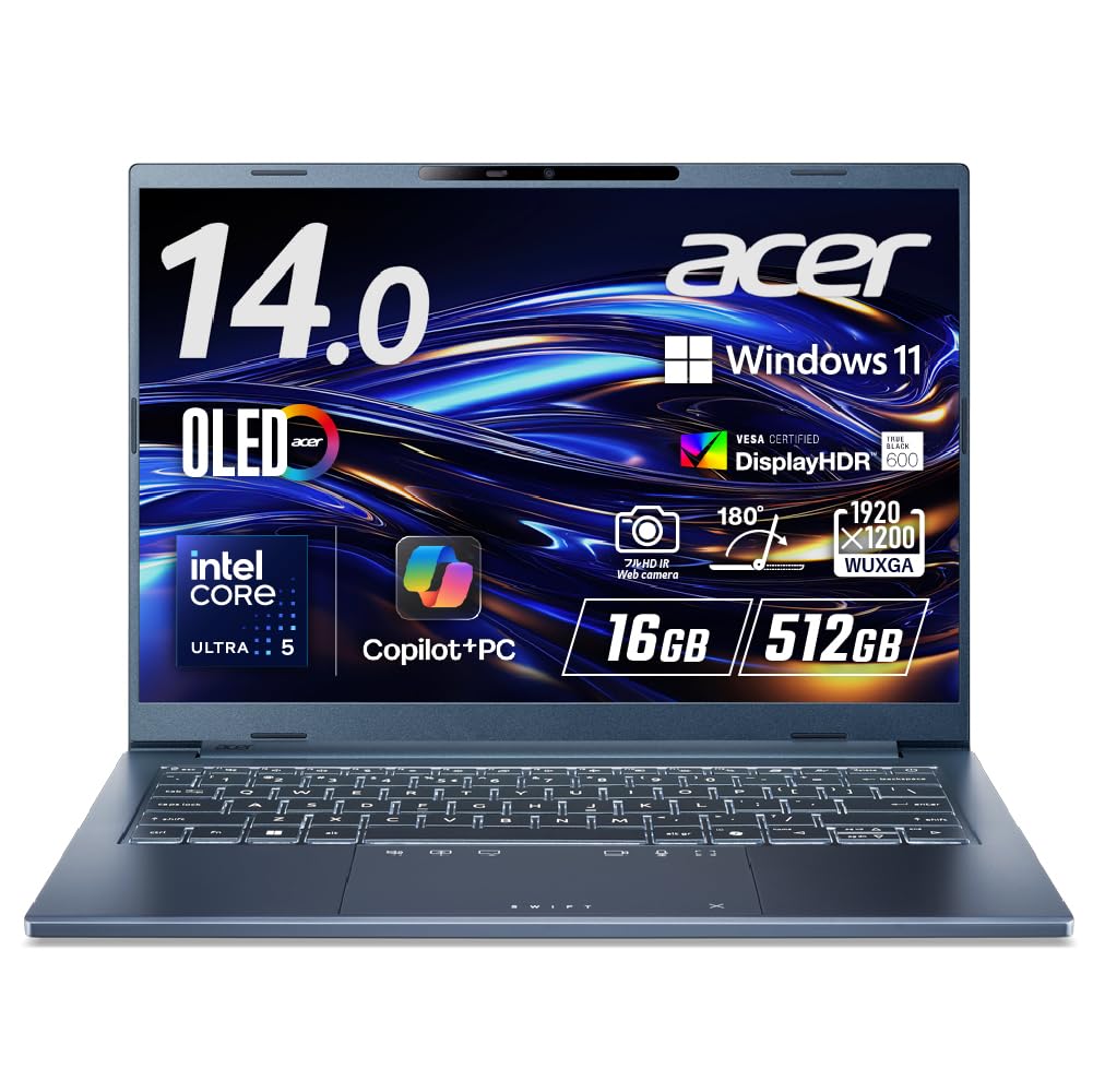 Acer Swift Go 14 AI Intel Core Ultra OLED Glossy WUXGA 16GB 512GB Battery Thin and IR Japanese Steam Laptop, 5, Display, DCI-P3 100% 1610 Resolution,