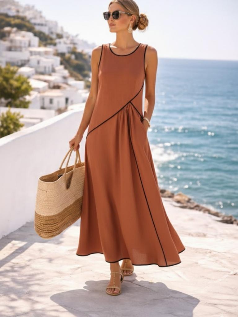 Summer New Women's Mediterranean Vacation Style Dress Women's Color Block Ruffled A-Line Dress