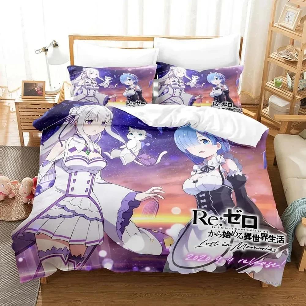 Anime ReZERO -Starting Life in Another World Bedding Set Printed Bed Set With Pillowcase Duvet Cover Soft Queen Super King Size