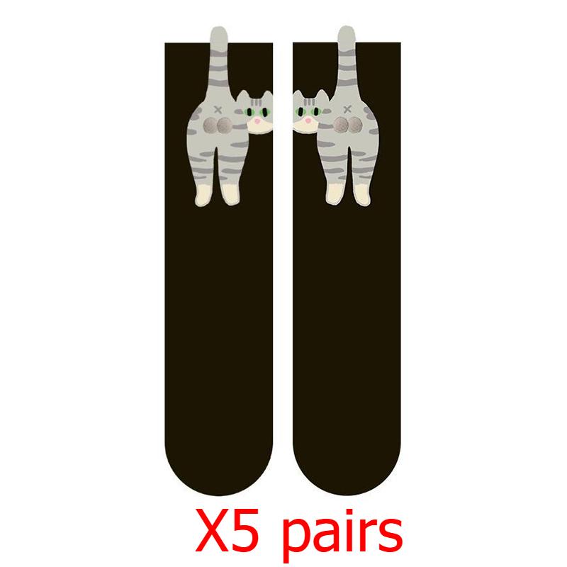 

Женские милые забавные носки с котиками в корейском стиле, средней длины, с трехмерным помпоном, креативные носки 5 pairs чёрный