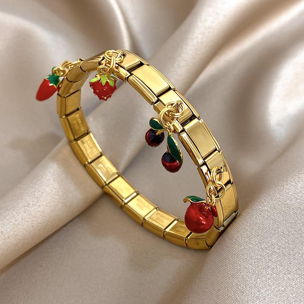 

Geometric Square Stainless Steel Elastic Strap Bangle Bracelets for Women Strawberry Cherry Apple Pendant Bracelets Hand Jewelry