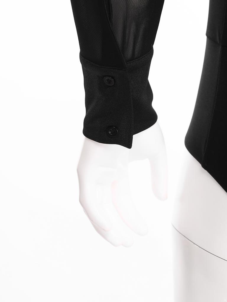 Mens Tango Dance Bodysuit Long Sleeve Mesh Panel Color Block V Neck Rhinestone Leotard Latin Ballroom Performance Wear