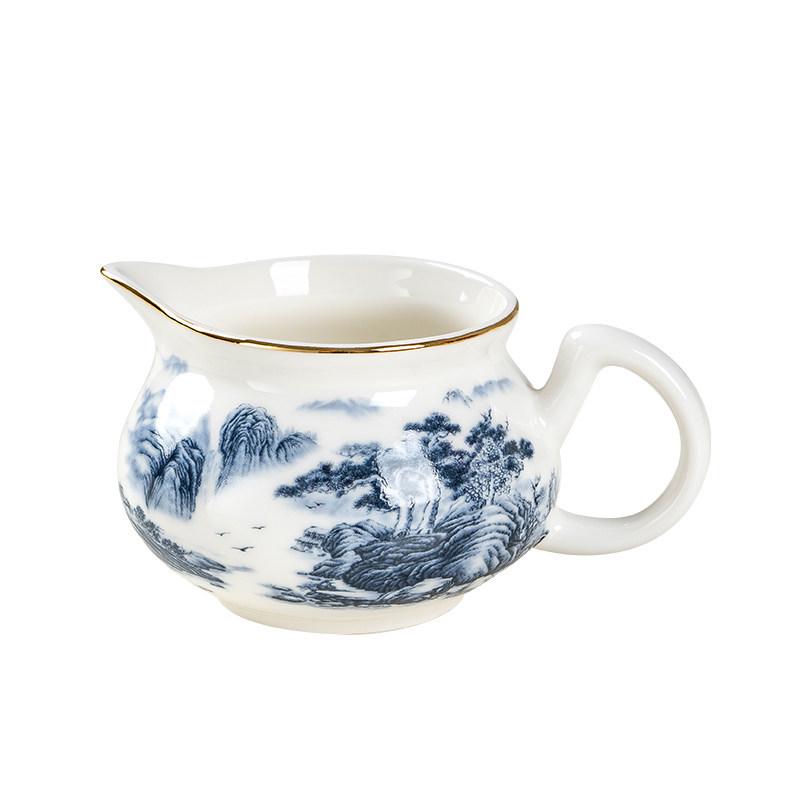 White Porcelain Tea Set: 270ml Pitcher, 190ml Fairness Cup, Milk Pitcher, and Blue & White Landscape Divider.