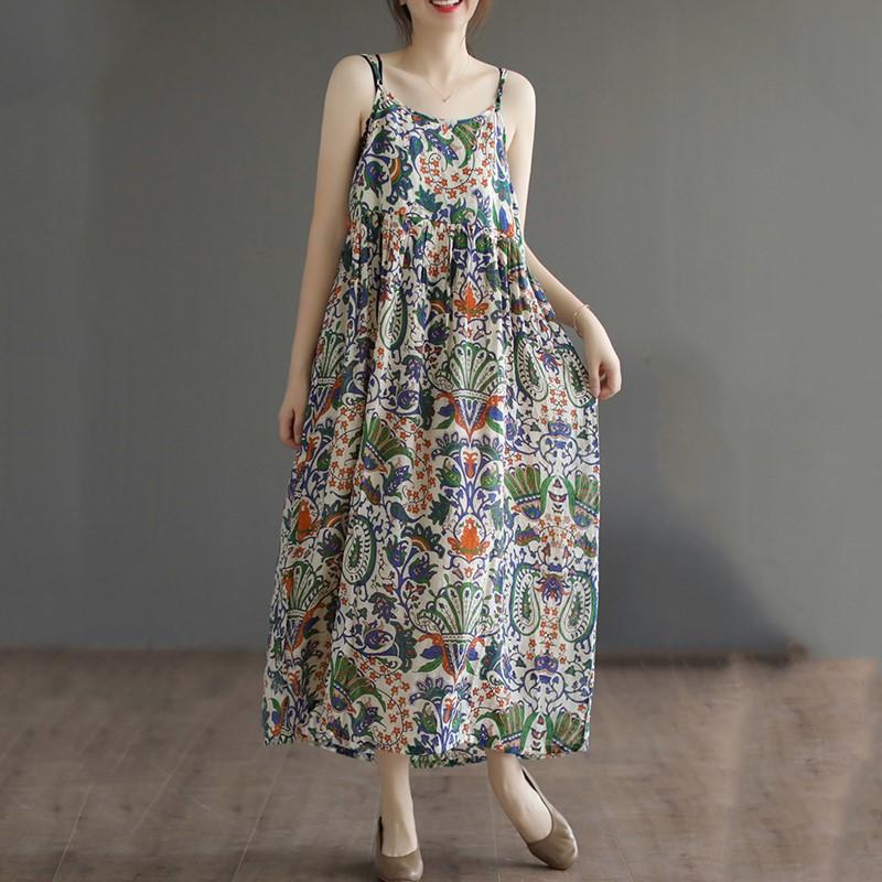 

Anteef, хлопковые винтажные платья с цветочным принтом без рукавов для женщин, повседневное свободное длинное летнее платье, элегантная одежда XXL