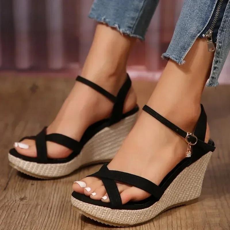 2026 Black Beige Wedge Sandals for Women's Heel Platform Fish Mouth  Strap Fashion Shoes Female Summer Buckle Strap Sandal