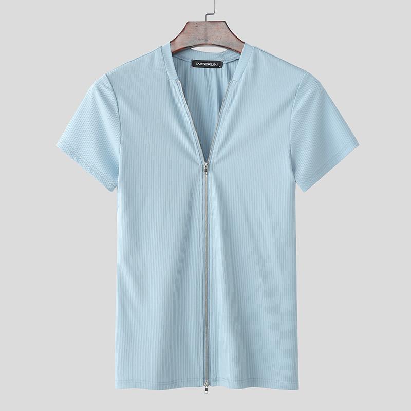 

INCERUN Летние мужские футболки с коротким рукавом на молнии, повседневные, в рубчик, приталенные 3XL синий