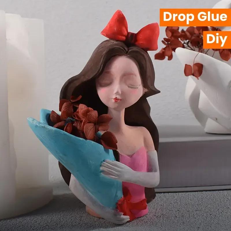 Top Quality 1Pc Bow Girl Flower Pot Silicone Mold DIY Lady Portrait Holding Flowers Resin Home Decoration Handmade Plaster Mold