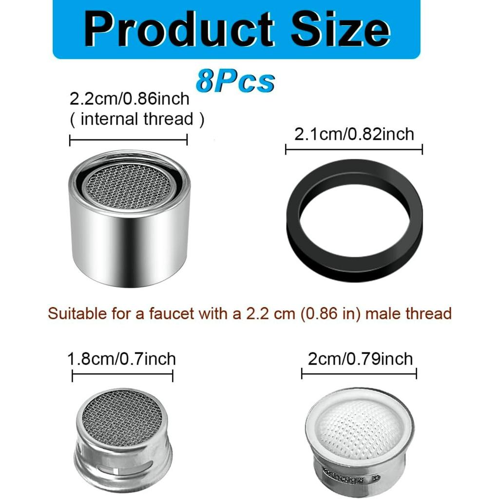 8 Pcs Faucet Aerator Replacement Parts Kitchen Sink Aerator Faucet Filter with Brass Shell Housing 15/16 Inch With Gasket For Kitchen and Bathroom