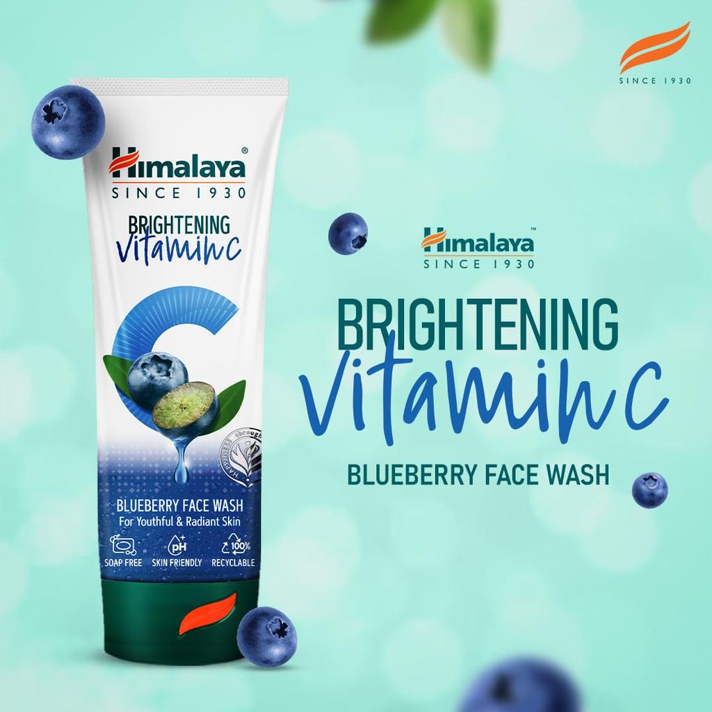 Himalaya Brightening Vitamin C Blueberry Face Wash 50ml Single Pack for Dull Skin Radiance