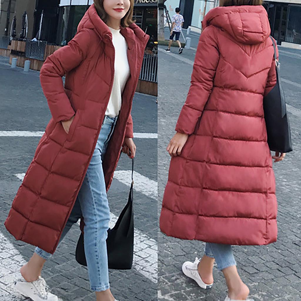 Womens Ladies Warm Plus Size Solid Color Hooded Single Breasted Medium Length Cotton Jacket Waistcoat Slim Cardigan Coat