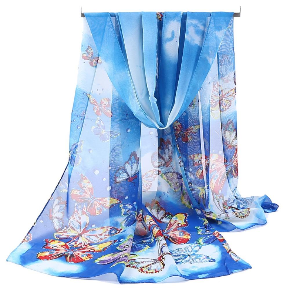 Sunscreen Long Wrap Shawl Butterfly Print Beach Gauze Scarf Elegant Shawl Silk  for Women