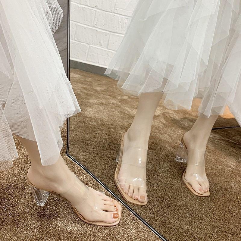 2025 summer new ins Internet celebrity fashion thick heel crystal heel transparent high heels one-word slippers women's outerwear