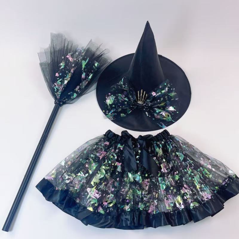 

Halloween Pumpkin Dress Set Witch Broom Witch Hat Set European and American Printed Mesh Skirt Set One size