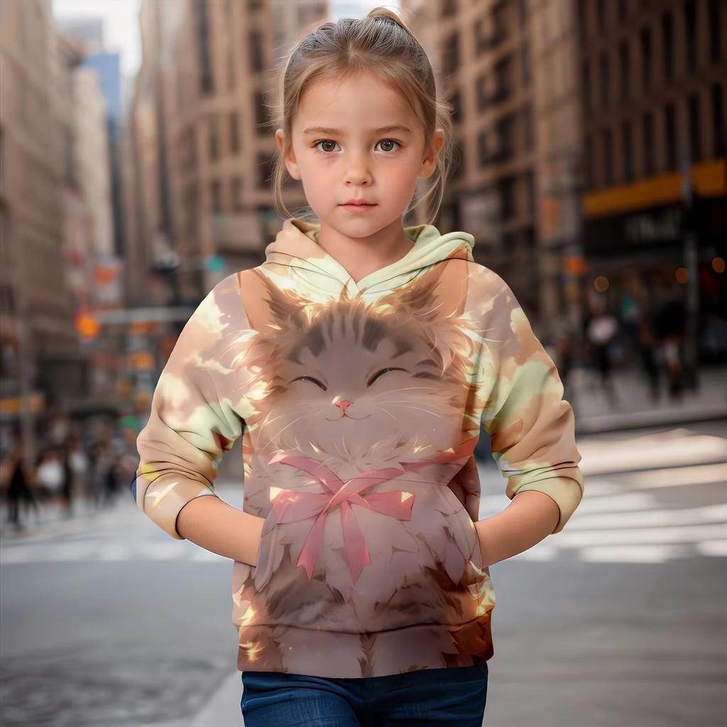 Abbigliamento Bambina Felpe con Cappuccio Manica Lunga Carino Stampa Gatto 3D Abbigliamento Bambina Abbigliamento Bambini Primavera Autunno Moda Abbigliamento Bambini Top