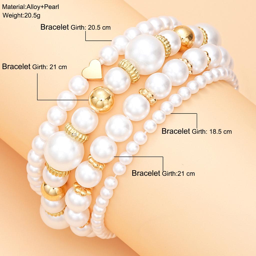 5Pcs  Pearl Beaded Bracelet Set For Women Gold Color Heart Charm Elastic Chain Bangle Female Wedding Party Jewelry