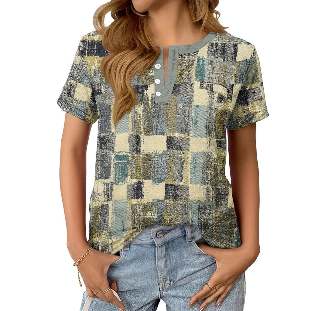 Women's Fashionable Casual Summer Plaid Print V-neck Button Short-sleeved Top
