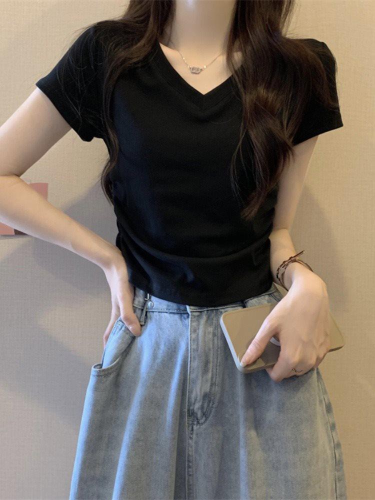 Women's Summer V-Neck Short-Sleeve Slim-Fit High-Waisted Pleated Straight Shoulder T-Shirt with French Design