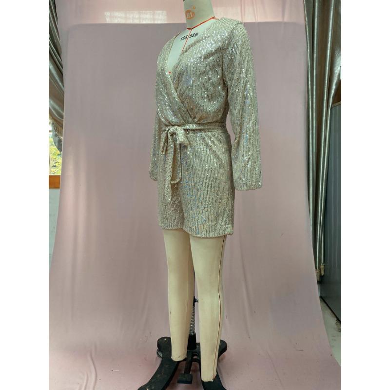 Women's Summer Sequins Long Sleeve Casual Short Jumpsuit